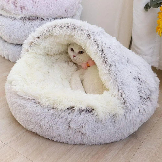 Soft Plush Pet Bed with Cover Round Cat Bed Pet Mattress Warm Cat Dog 2 in 1 Sleeping Nest Cave for Small Dogs - Glowella